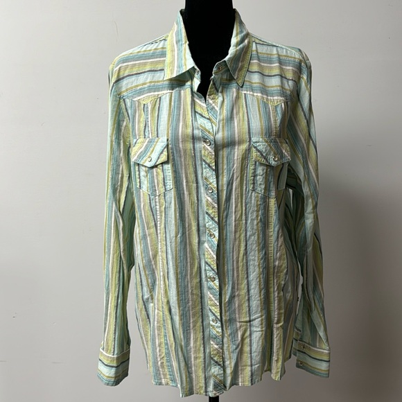 Izod Womens Blouse XL Blue Green Pearl Snap Long Sleeve Shimmer Thread pockets - Picture 1 of 10